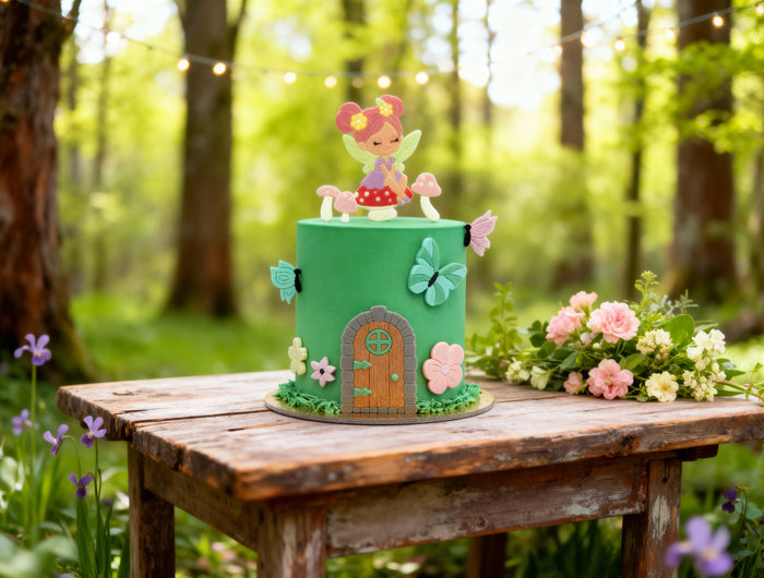 Decorated cake made with silicone molds on wooden table