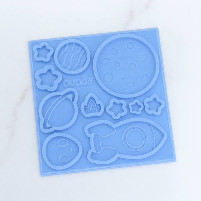 Flat silicone mold featuring planets and space elements